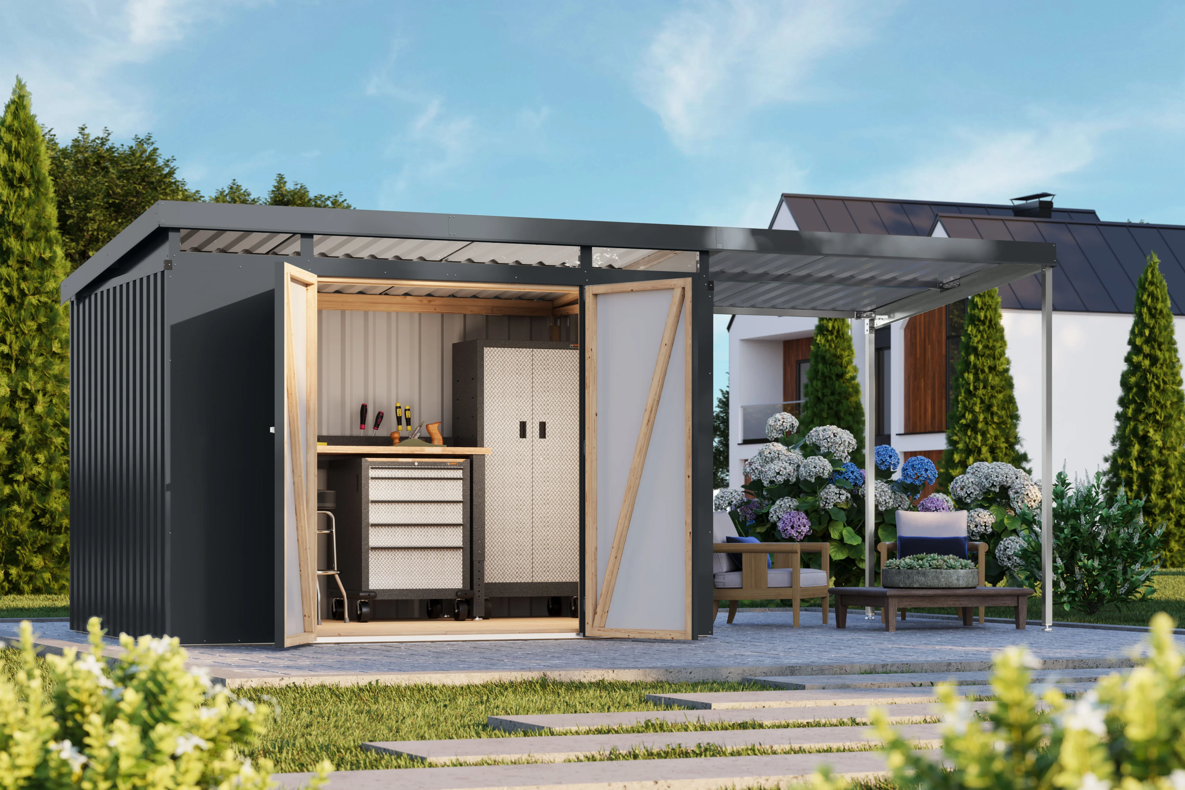 KARIBU Gerätehaus »Mantis« (mit Anbaudach, Anthrazit, 497 x 209 x 213 cm) – Bild 2 von 3