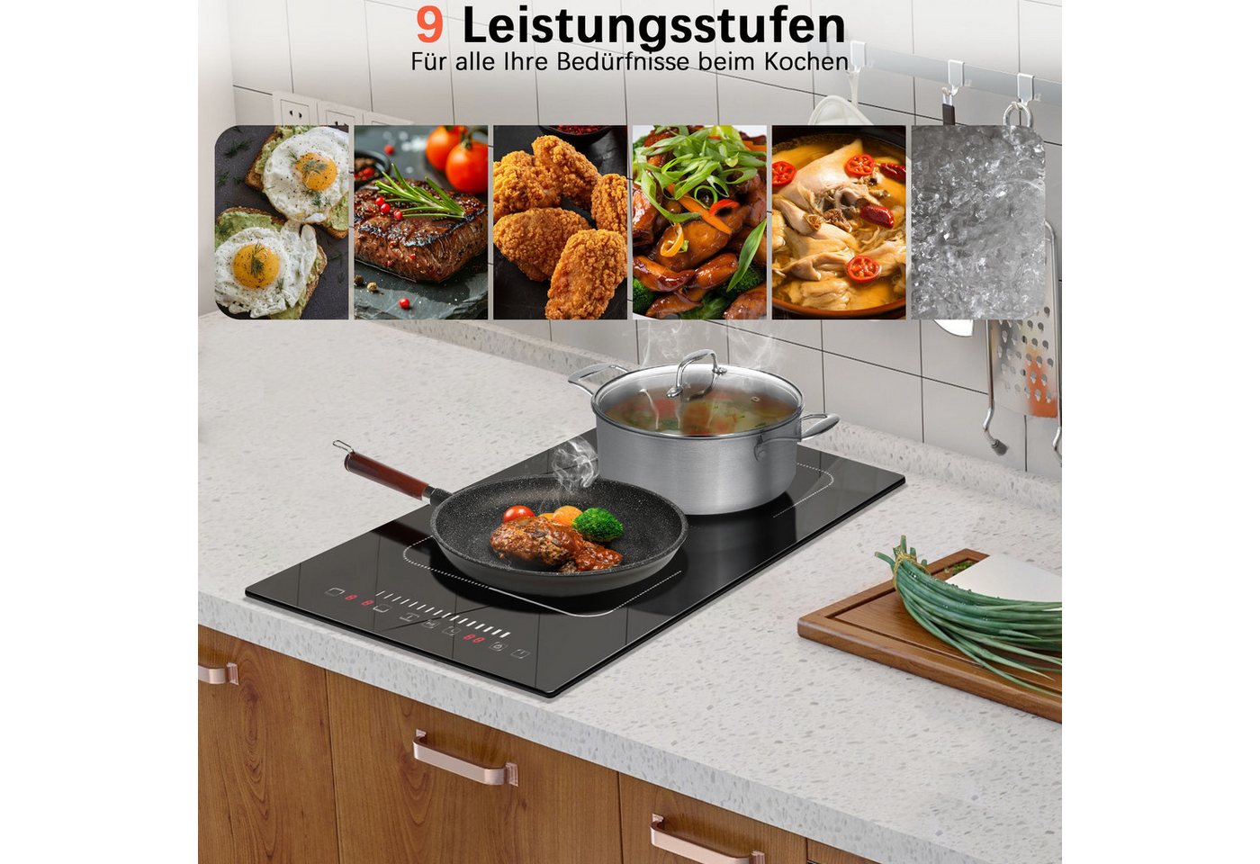 Karinear Induktions-Kochfeld 2 Platten, 3500W, Touch-Bedienung, Kindersicherung VDE-Stecker, 9 Stufen, 220-240V, Kristallglasoberfläche, einfach zu pflegen – Bild 2 von 5