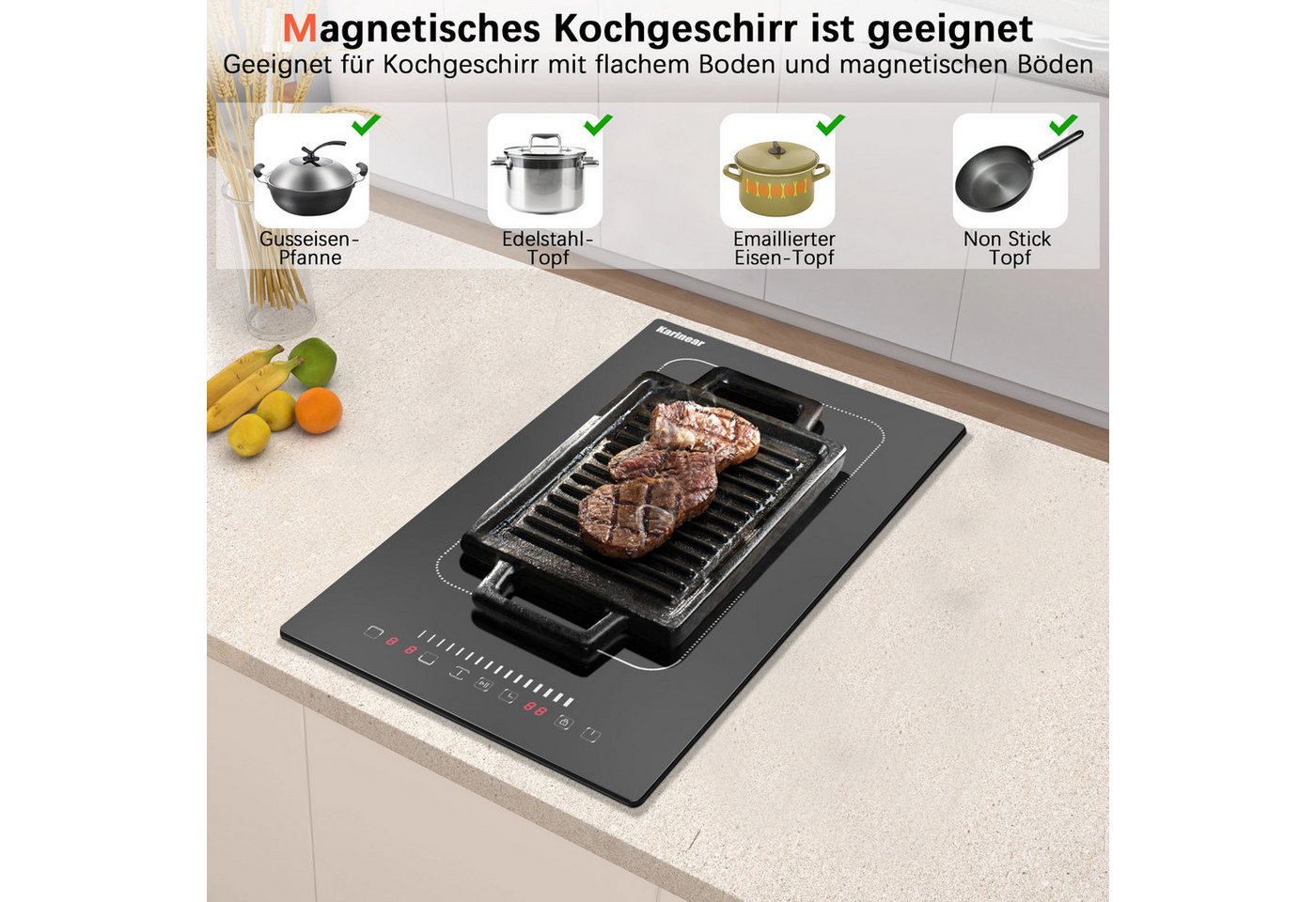 Karinear Induktions-Kochfeld 2 Platten, 3500W, Touch-Bedienung, Kindersicherung VDE-Stecker, 9 Stufen, 220-240V, Kristallglasoberfläche, einfach zu pflegen – Bild 3 von 5