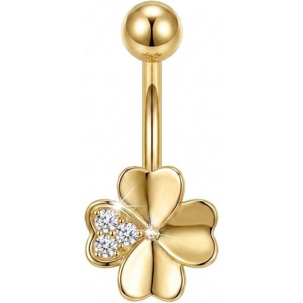 Karisma Schmuck Bauchnabelpiercing Kleeblatt Herz Chirurgenstahl 316L Vergoldet mit Zirkonia Kristallen, Bauchpiercing Glücksbringer