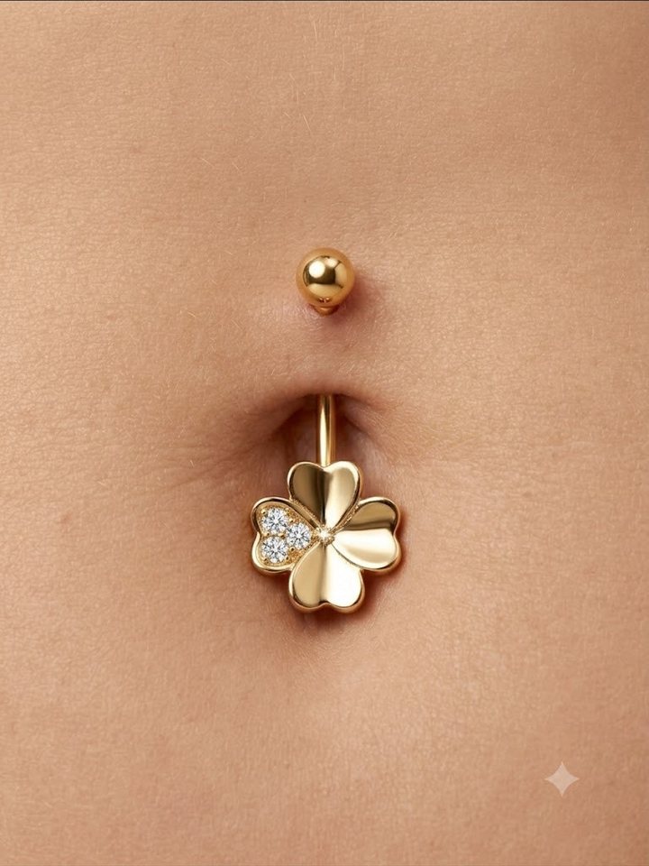 Karisma Schmuck Bauchnabelpiercing Kleeblatt Herz Chirurgenstahl 316L Vergoldet mit Zirkonia Kristallen, Bauchpiercing Glücksbringer – Bild 3 von 3
