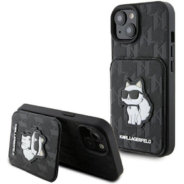 KARL LAGERFELD Handyhülle Case iPhone 15 aufstellbar Katze Kunstleder schwarz Logo 6,1 Zoll, Kantenschutz