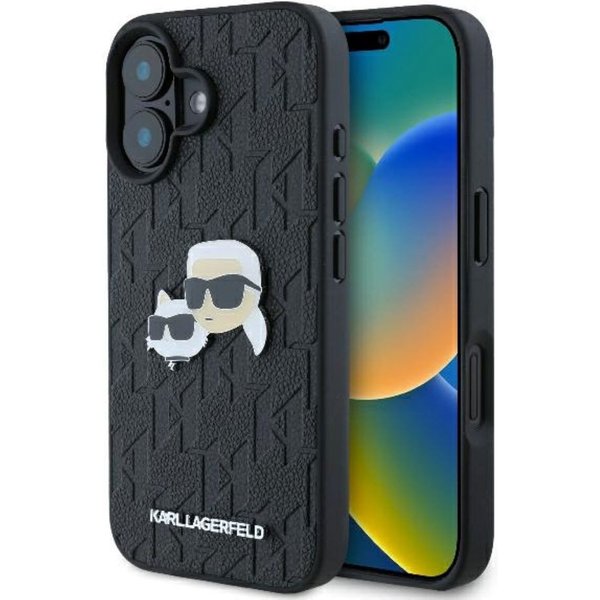 KARL LAGERFELD Handyhülle iPhone 16 Plus Kunststoff schwarz Logo Metall 6,7 Zoll, Kantenschutz