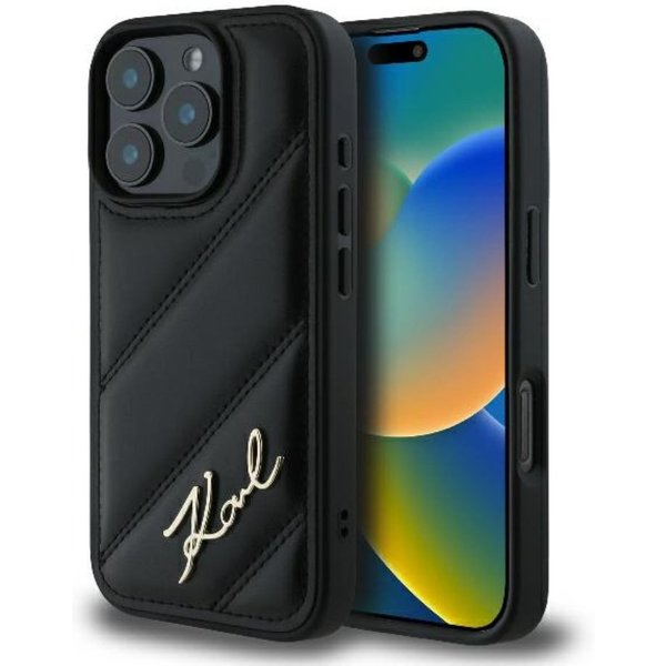 KARL LAGERFELD Handyhülle iPhone 16 Pro Max Kunstleder schwarz Logo Metall 6,9 Zoll, Kantenschutz