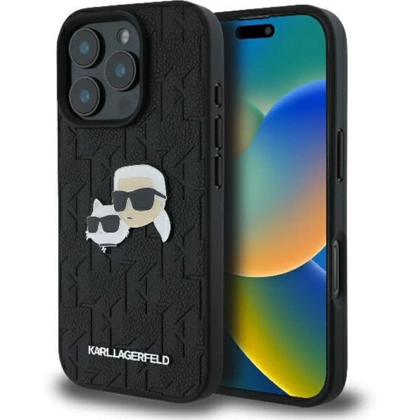 KARL LAGERFELD Handyhülle iPhone 16 Pro Max Kunststoff schwarz Logo Metall 6,9 Zoll, Kantenschutz