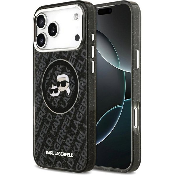 KARL LAGERFELD Handyhülle MagSafe iPhone 17 Pro Max Kunststoff schwarz Glitzer Logo 6,9 Zoll, Kantenschutz