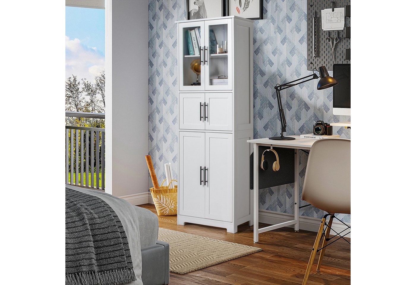 Karlhome Vitrine mit 6 Türen, Küchenschrank Hochschrank Buffetschrank, 60x30x170cm 6-türiger Kleiderschrank für Schlafzimmer, Flur, Gästezimmer – Bild 5 von 5