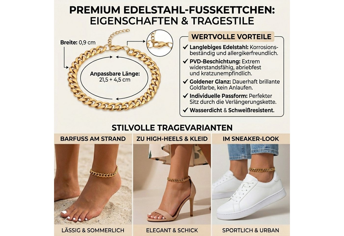 KARMA Fußkette Gold 21,5 cm Edelstahl wasserfest hypoallergen (PVD beschichtet, 1-tlg., Urlaub Strand Abendmode Accessoires Damen), modern Fußkettchen Fußschmuc – Bild 2 von 5