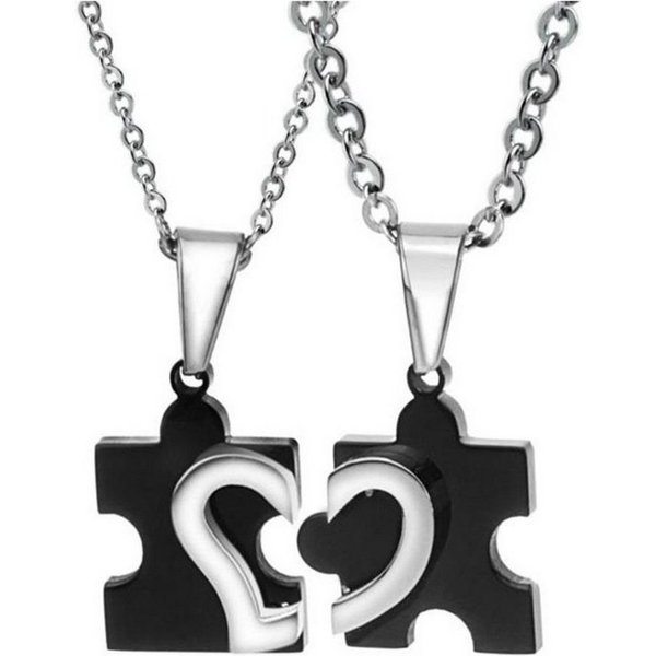 KARMA Partnerkette Paarkette Liebe modern Puzzle schwarz Silber Pärchenschmuck Herz (Halskette für Sie & Ihn, 2-tlg), Paarkette Liebe modern Liebeskette