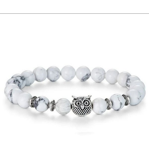 KARMA Perlenarmband Armband Damen Eule Braun, Weiß od. Schwarz Natursteine (Armschmuck, 1-tlg., Damenarmband), White Turquoise, Tigerauge oder Frosted Stone Ede