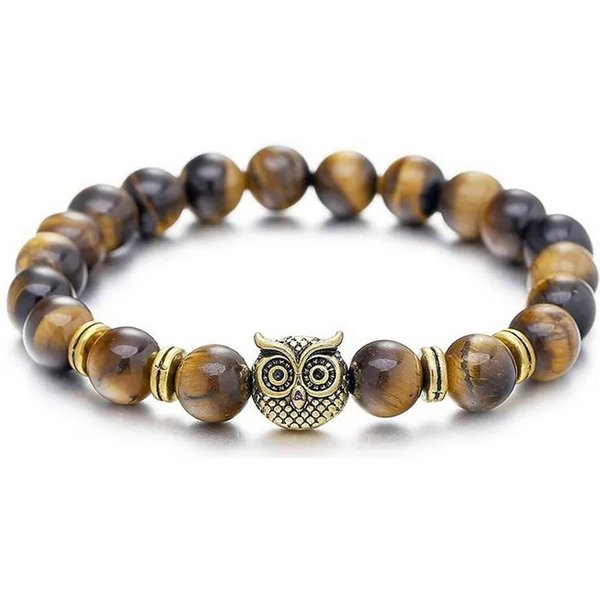 KARMA Perlenarmband Armband Damen Eule Braun, Weiß od. Schwarz Natursteine (Armschmuck, 1-tlg., Damenarmband), White Turquoise, Tigerauge oder Frosted Stone Ede