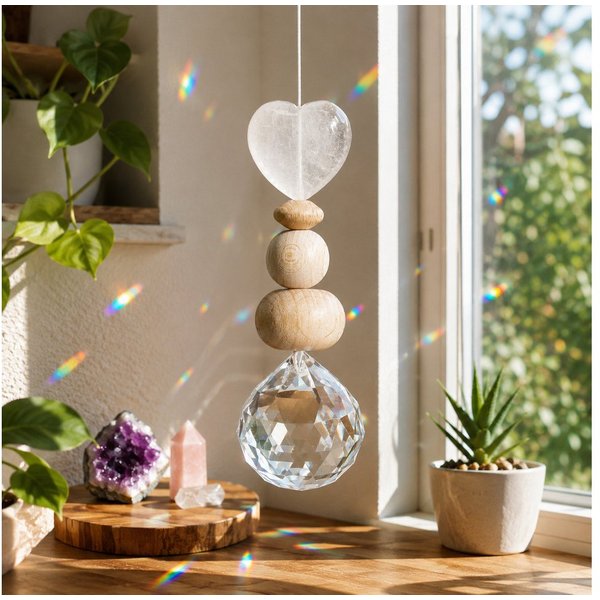 Karmandala Fensterdekoration Kristall Sonnenfänger mit Edelstein Windspiel Regenbogen Lichtfänger, echte Bergkristall Steine für Klarheit, Fokus und Ausgegliche