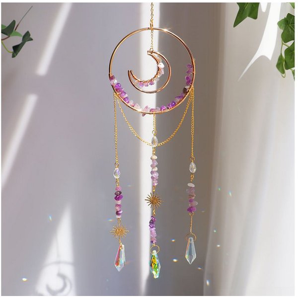 Karmandala Fensterdekoration Lichtspiel Edelstein Sonnenfänger mit Kristall Regenbogen Windspiel, echte Amethyst Natursteine für Ruhe, Klarheit und Intuition