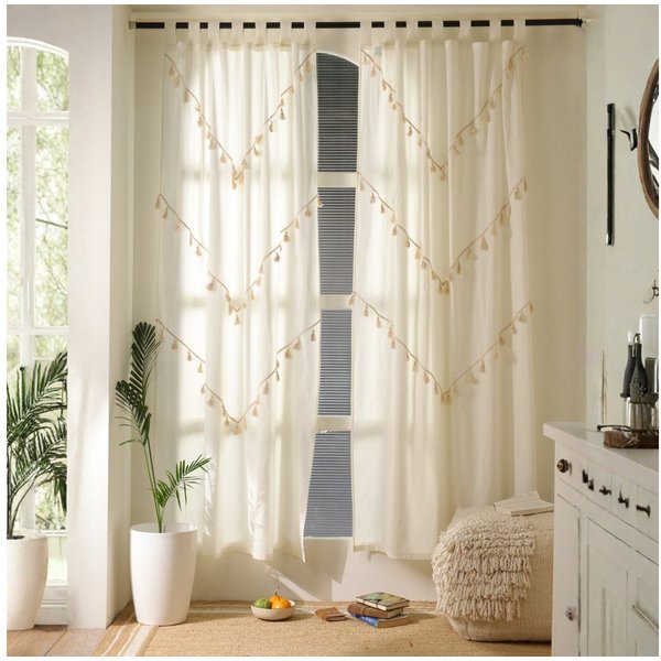 Karmandala Gardine Boho Vorhang mit Quasten Einfarbige Gardinen mit Fransen 2er-Set, Schlaufen, Moderne Boho Gardinen aus Baumwolle, Vorhang Set mit Aufhängesch