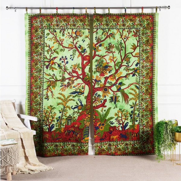 Karmandala Vorhang Lebensbaum Vögel Gardine blickdicht indischer Schlaufenschal 2er-Set, Schlaufen, Baum des Lebens Boho Gardinen aus Baumwolle Vorhang Set