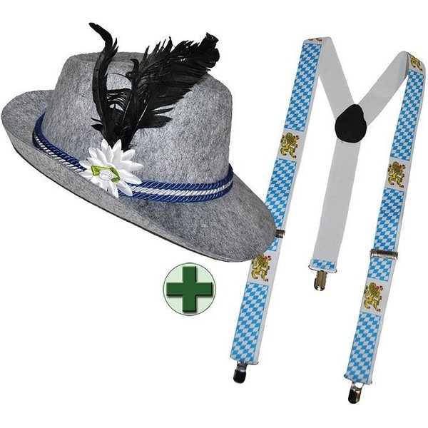 Karneval-Klamotten Kostüm Bayernhut Herren Edelweiß mit Hosenträger Bayern, Accessoires für Oktoberfest