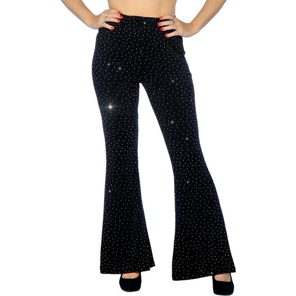 Karneval-Klamotten Kostüm Disco Damen Party Glitzer Schlaghose schwarz, Party Hose elegant auffällig für Motto Party Feier Silvester Karneval