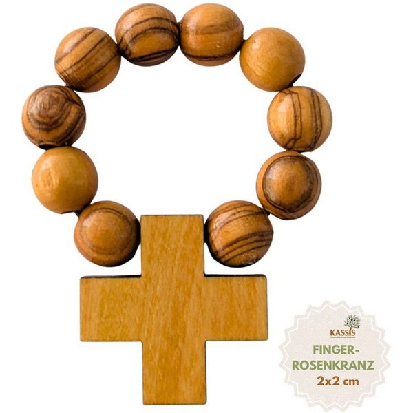 Kassis Geschenkartikel Fingerring Olivenholz Fingerrosenkranz mit Kreuz aus Bethlehem Talisman, Handgefertigt in Bethlehem, Geschenk zu Kommunion Taufe Firmung