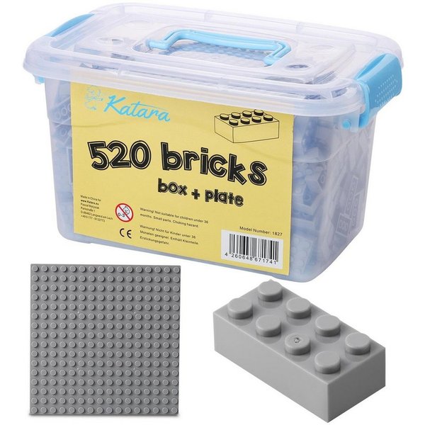 Katara Bausteine Box-Set mit 520 Steinen + Platte + Box Konstruktionsspielsteine, (3er Set), Hell Grau, 100% Kompatibel Sluban, Papimax, Q-Bricks, LEGO®