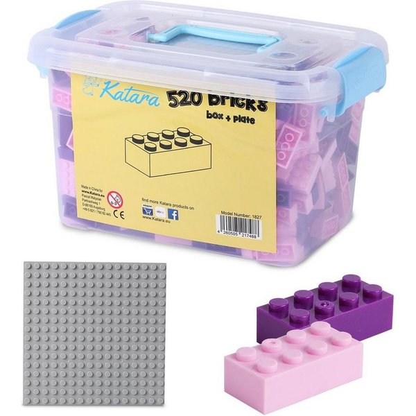 Katara Bausteine Box-Set mit 520 Steinen + Platte + Box Konstruktionsspielsteine, (3er Set), Pink-Lila gemischt, 100% Kompatibel Sluban, Papimax, Q-Bricks, LEGO