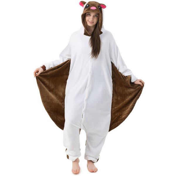 Katara Partyanzug Waldtiere Jumpsuit Kostüm Overall Erwachsene S-XL, Karneval - Kostüm, Kigurumi - Flughörnchen Weiß/Braun S (145-155cm)