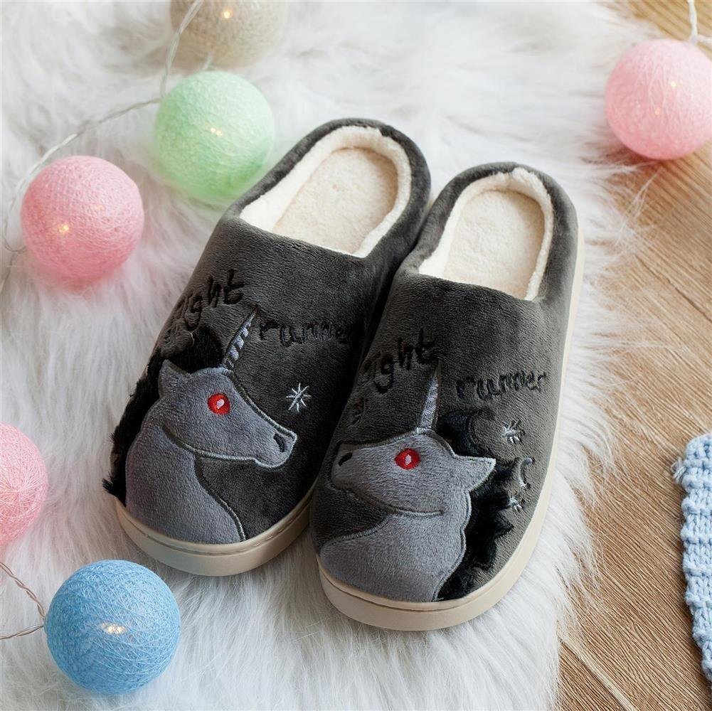 Katara Tier Pantoffeln Gr. 34-41 (Einhorn, Katze, Hase) Plüsch Hausschuhe Hausschuhe, weich, warm, süß, kuschelig, Plüsch Einhorn (Schwarz) – Bild 2 von 5