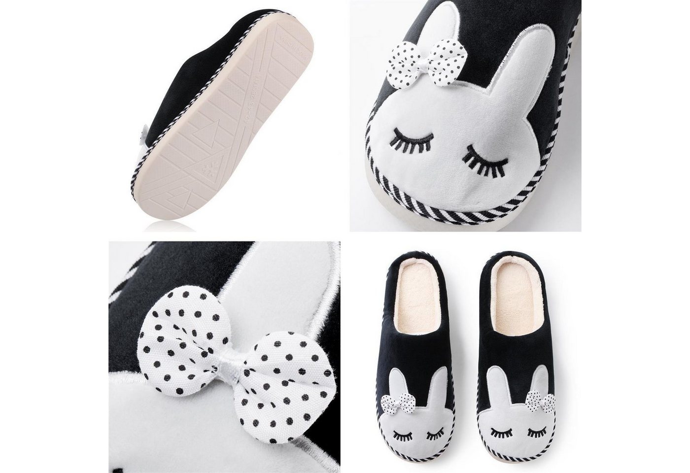 Katara Tier Pantoffeln Gr. 34-41 (Einhorn, Katze, Hase) Plüsch Hausschuhe Hausschuhe, weich, warm, süß, kuschelig, Plüsch Kaninchen (Schwarz) – Bild 4 von 5