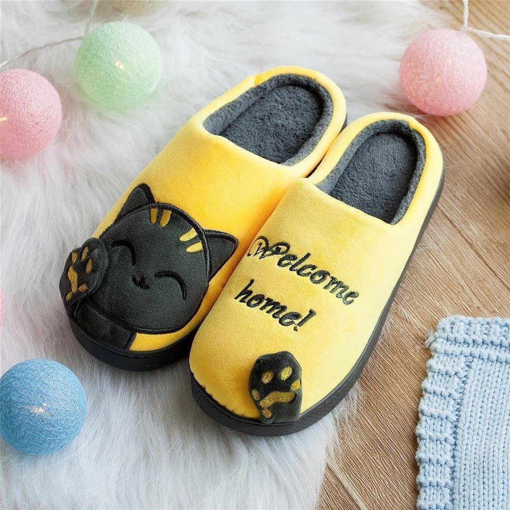 Katara Tier Pantoffeln Gr. 34-41 (Einhorn, Katze, Hase) Plüsch Hausschuhe Hausschuhe, weich, warm, süß, kuschelig, Plüsch Katze (Schwarz-Gelb) – Bild 2 von 5