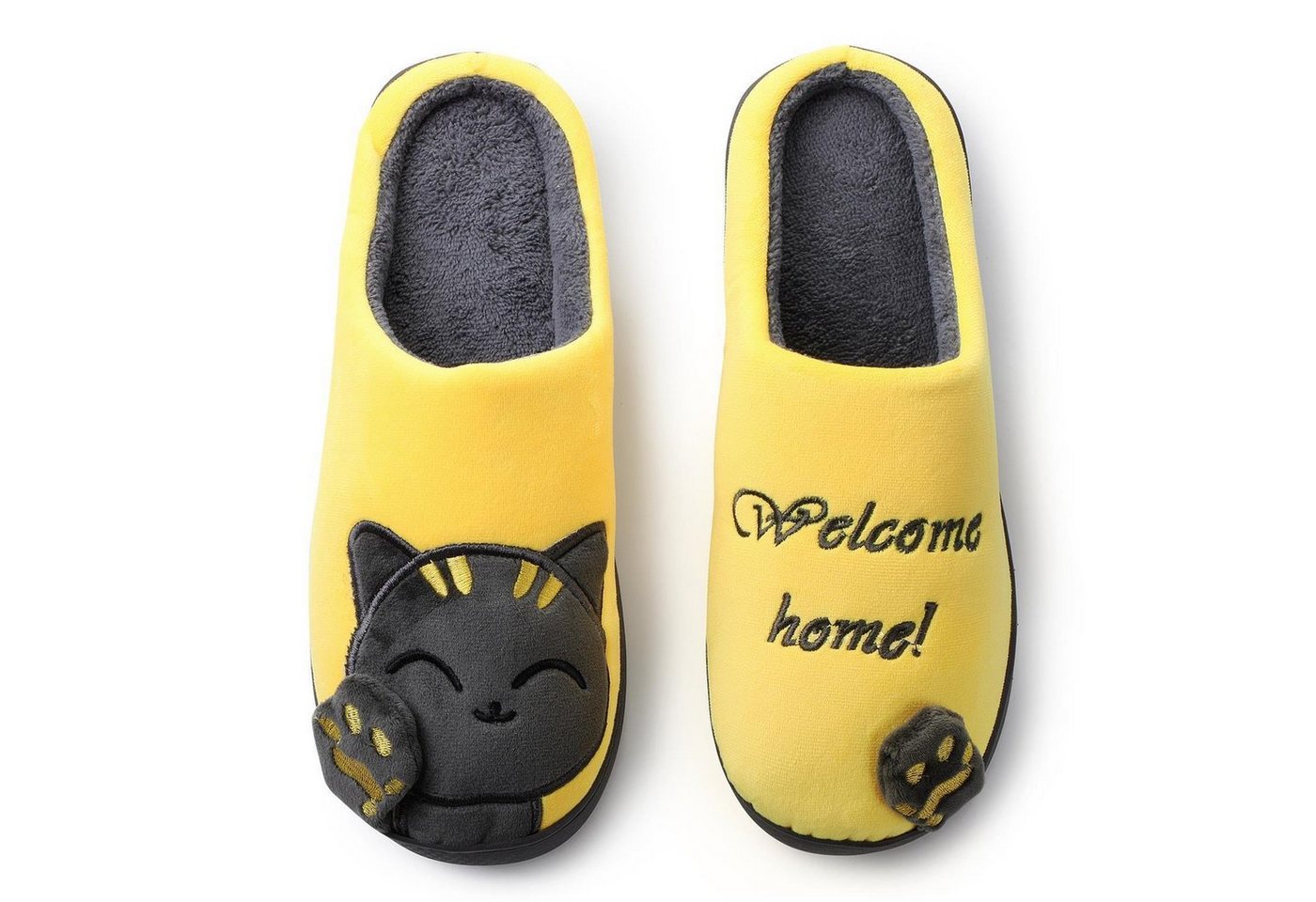 Katara Tier Pantoffeln Gr. 34-41 (Einhorn, Katze, Hase) Plüsch Hausschuhe Hausschuhe, weich, warm, süß, kuschelig, Plüsch Katze (Schwarz-Gelb) – Bild 5 von 5