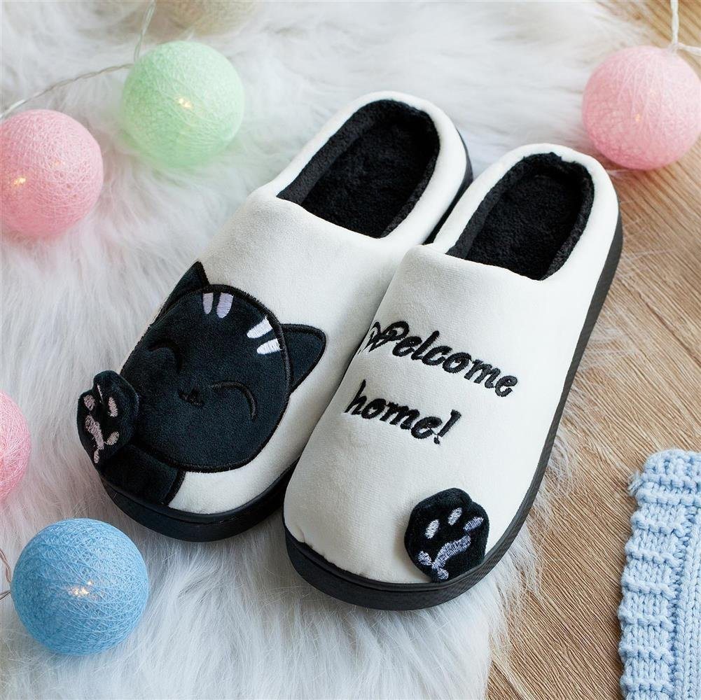 Katara Tier Pantoffeln Gr. 34-41 (Einhorn, Katze, Hase) Plüsch Hausschuhe Hausschuhe, weich, warm, süß, kuschelig, Plüsch Katze (Schwarz-Weiß) – Bild 2 von 5