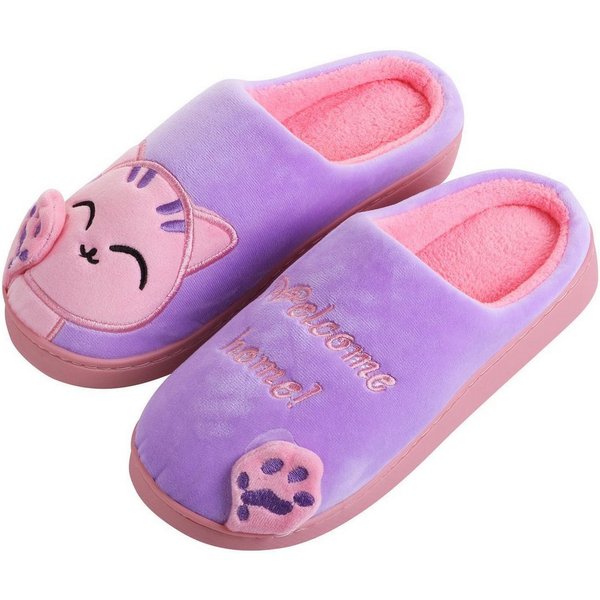 Katara Tier Pantoffeln Gr. 34-41 (Einhorn, Katze, Hase) Plüsch Hausschuhe Hausschuhe, weich, warm, süß, kuschelig, Plüsch Katze (Lila-Pink)