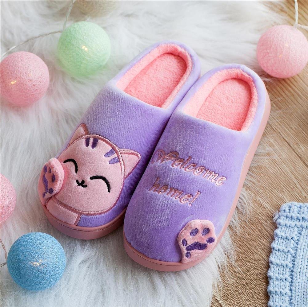Katara Tier Pantoffeln Gr. 34-41 (Einhorn, Katze, Hase) Plüsch Hausschuhe Hausschuhe, weich, warm, süß, kuschelig, Plüsch Katze (Lila-Pink) – Bild 2 von 5