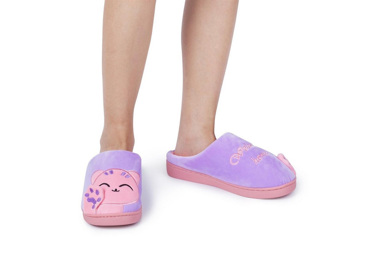 Katara Tier Pantoffeln Gr. 34-41 (Einhorn, Katze, Hase) Plüsch Hausschuhe Hausschuhe, weich, warm, süß, kuschelig, Plüsch Katze (Lila-Pink) – Bild 3 von 5
