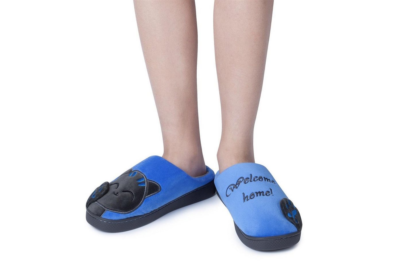 Katara Tier Pantoffeln Gr. 34-41 (Einhorn, Katze, Hase) Plüsch Hausschuhe Hausschuhe, weich, warm, süß, kuschelig, Plüsch Katze (Schwarz-Blau) – Bild 3 von 5