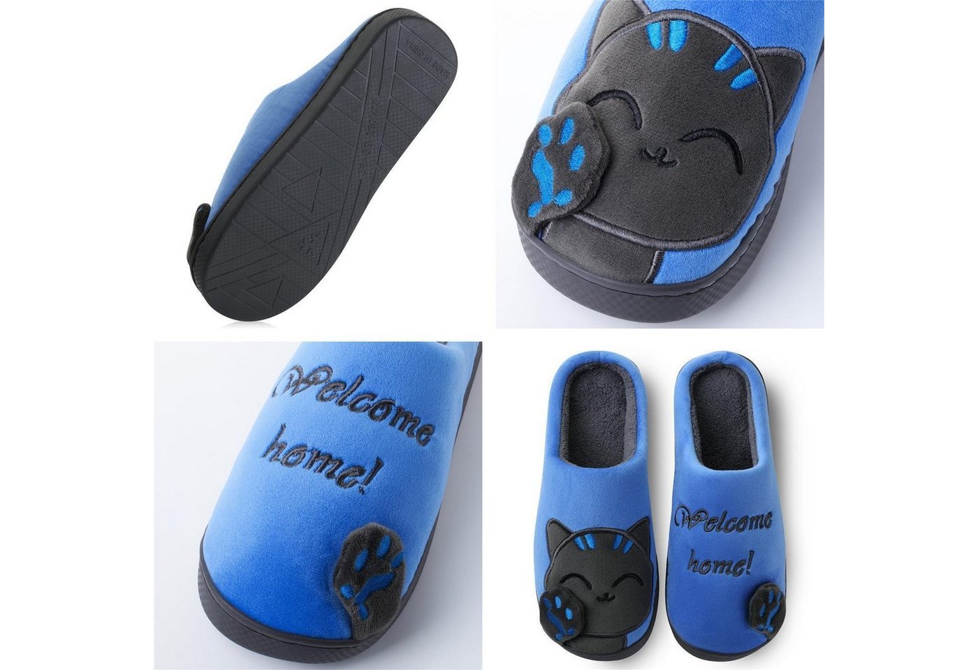 Katara Tier Pantoffeln Gr. 34-41 (Einhorn, Katze, Hase) Plüsch Hausschuhe Hausschuhe, weich, warm, süß, kuschelig, Plüsch Katze (Schwarz-Blau) – Bild 4 von 5