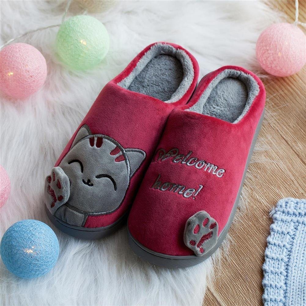 Katara Tier Pantoffeln Gr. 34-41 (Einhorn, Katze, Hase) Plüsch Hausschuhe Hausschuhe, weich, warm, süß, kuschelig, Plüsch Katze (Schwarz-Rot) – Bild 2 von 5