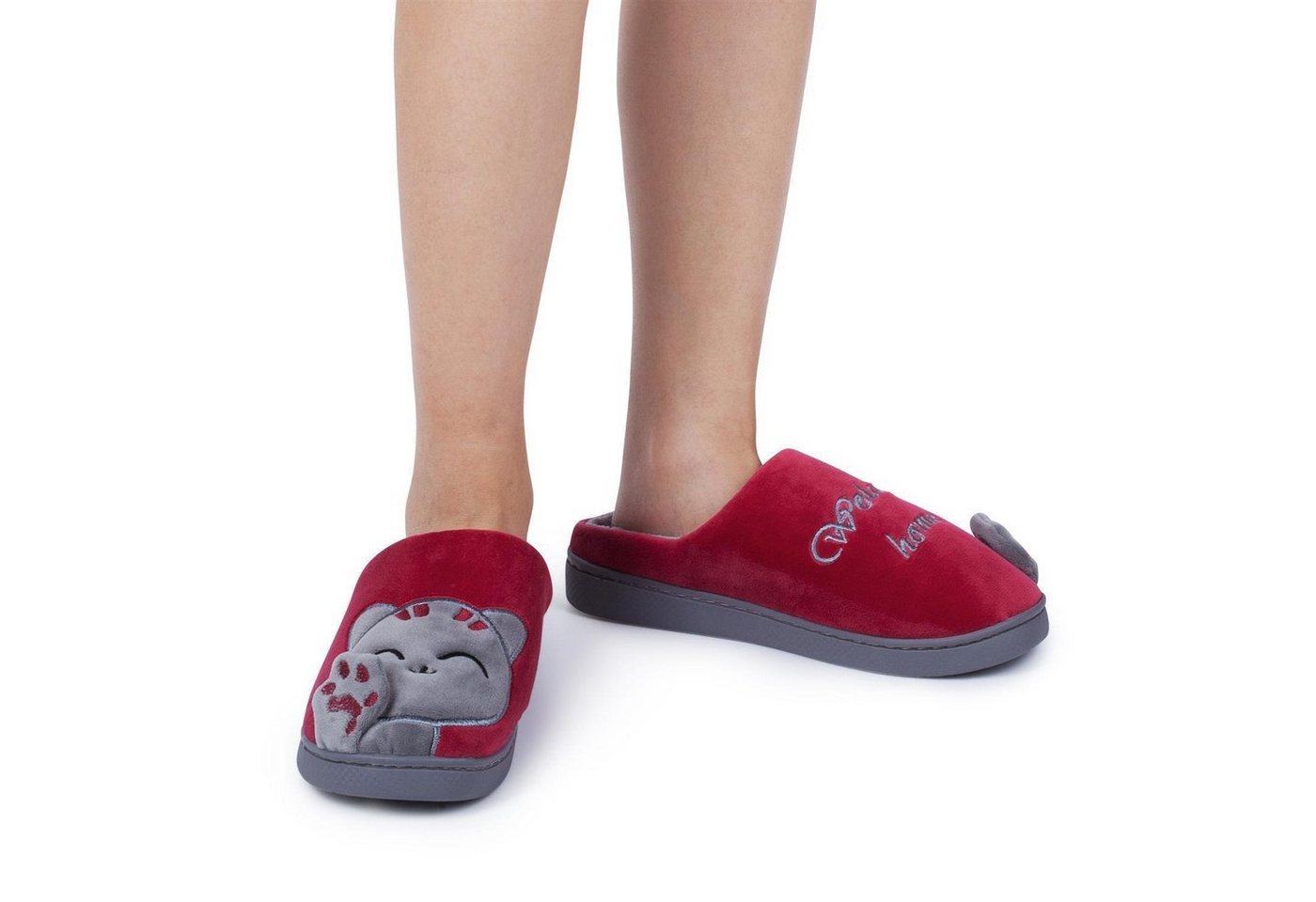 Katara Tier Pantoffeln Gr. 34-41 (Einhorn, Katze, Hase) Plüsch Hausschuhe Hausschuhe, weich, warm, süß, kuschelig, Plüsch Katze (Schwarz-Rot) – Bild 3 von 5