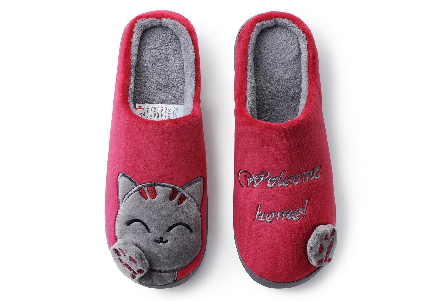 Katara Tier Pantoffeln Gr. 34-41 (Einhorn, Katze, Hase) Plüsch Hausschuhe Hausschuhe, weich, warm, süß, kuschelig, Plüsch Katze (Schwarz-Rot) – Bild 5 von 5