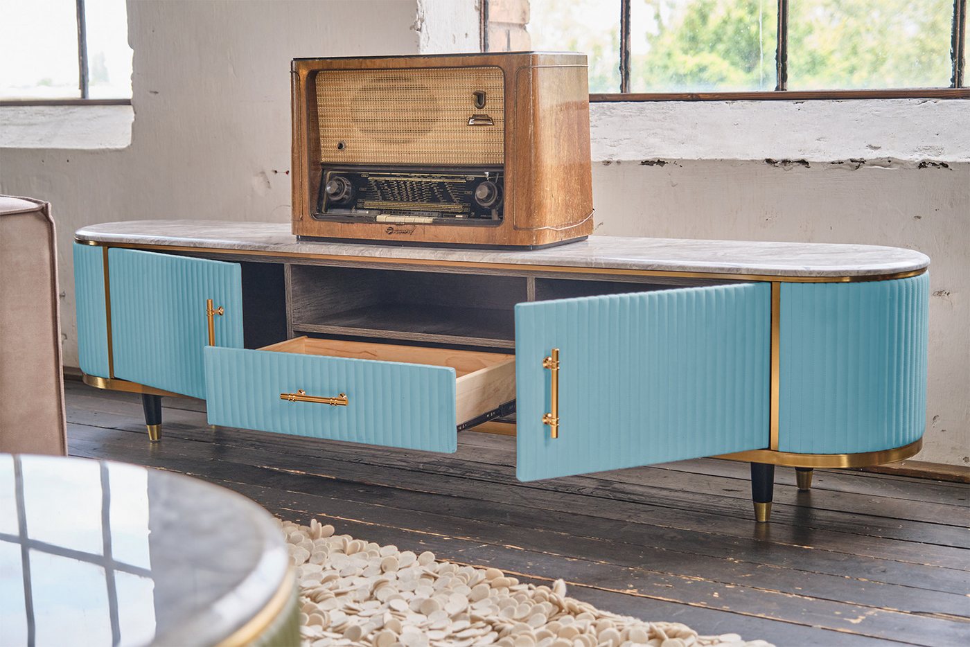 KAWOLA Lowboard MARIA, TV-Bank Marmorplatte Kunstleder verschiedene Farben – Bild 2 von 5