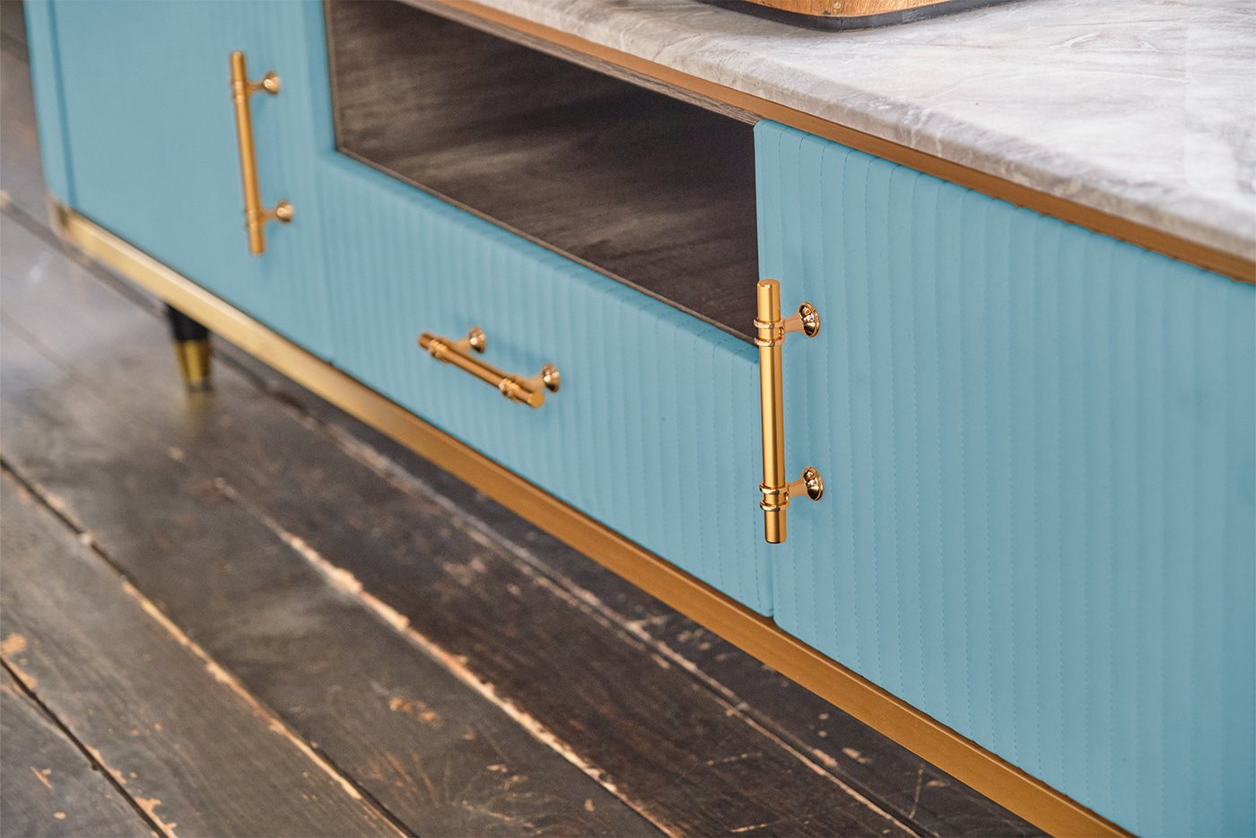 KAWOLA Lowboard MARIA, TV-Bank Marmorplatte Kunstleder verschiedene Farben – Bild 4 von 5