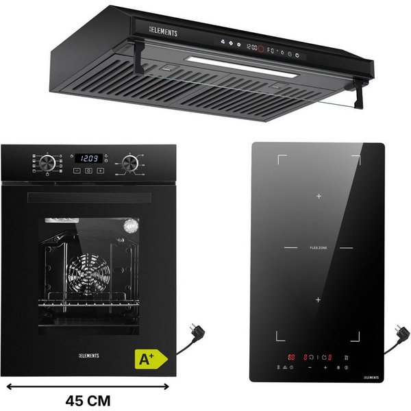 KB Elements Backofen-Set Einbaubackofen 45 cm breit mit 2-Zonen Induktionskochfeld 29cm, AQUA CLEAN, Schuko Stecker Anschuß, Flexzone, Warmhaltefunktion