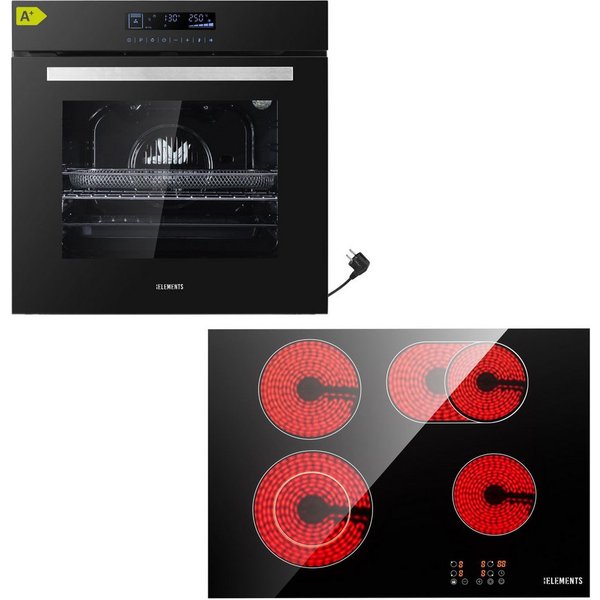 KB Elements Backofen-Set Einbaubackofen 60 cm mit 4-Zonen Glaskeramik Kochfeld 60 cm, mit 2-fach-Teleskopauszug, AQUA CLEAN, Einbaubackofen Full Touch mit 15 Fu