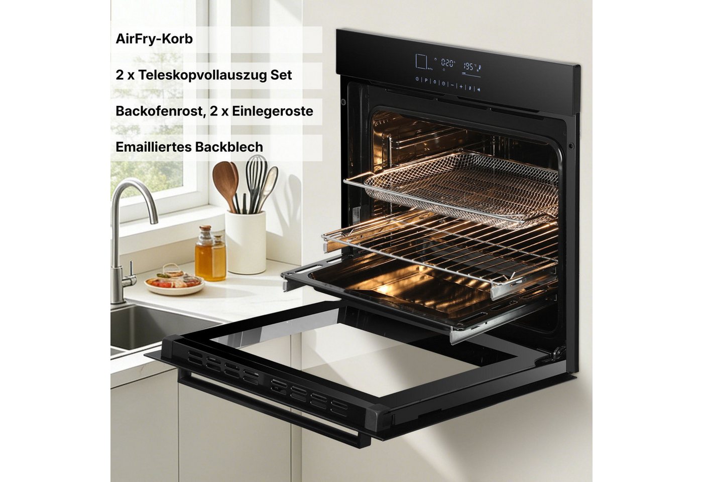 KB Elements Einbaubackofen 15 x Funktionen, Airfryer Funktion, Full Touch Display, AQUA CLEAN, mit 2-fach-Teleskopauszug, Air Fry, AQUA CLEAN,Full Touch,EEK A+ – Bild 4 von 5
