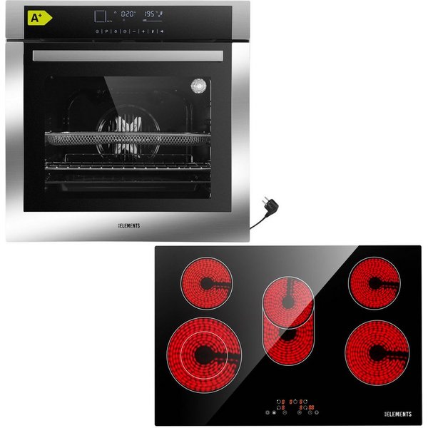 KB Elements Elektro-Herd-Set Einbaubackofen 60 cm mit 5-Zonen Glaskeramik Kochfeld 77 cm, mit 2-fach-Teleskopauszug, AQUA CLEAN, Einbaubackofen Full Touch mit 1