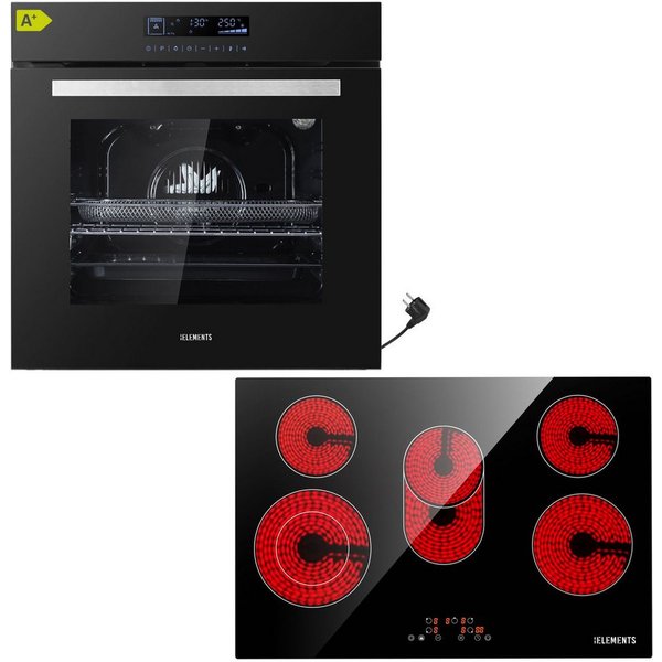 KB Elements Elektro-Herd-Set Einbaubackofen 60 cm mit 5-Zonen Glaskeramik Kochfeld 77 cm, mit 2-fach-Teleskopauszug, AQUA CLEAN, Einbaubackofen Full Touch mit 1