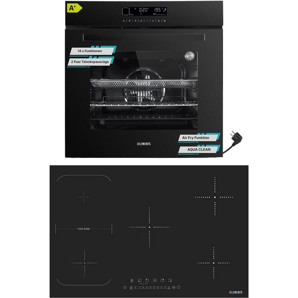 KB Elements Induktions Herd-Set KBE Einbaubackofen 60 cm mit 5-Zonen Induktionskochfeld 77cm, mit 2-fach-Teleskopauszug, Einbaubackofen Full Touch mit 15 Funkti