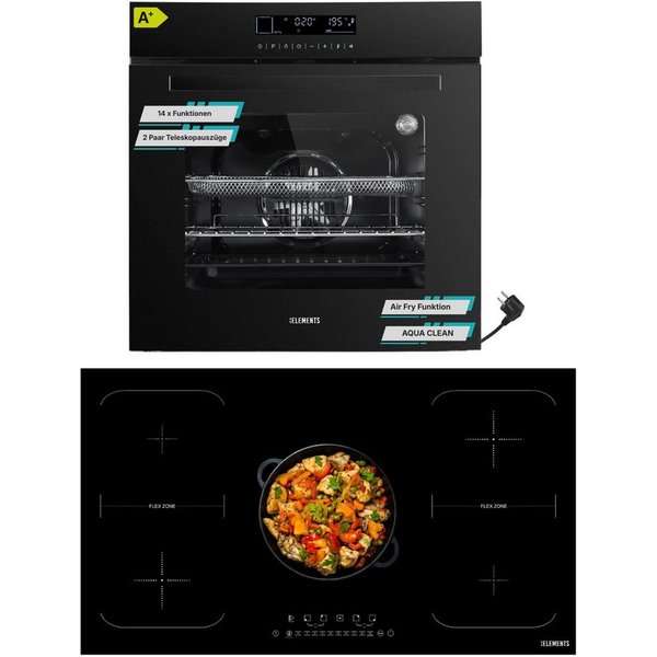 KB Elements Induktions Herd-Set KBE Einbaubackofen 60 cm mit 5-Zonen Induktionskochfeld 90cm, mit 2-fach-Teleskopauszug, Einbaubackofen Full Touch mit 15 Funkti