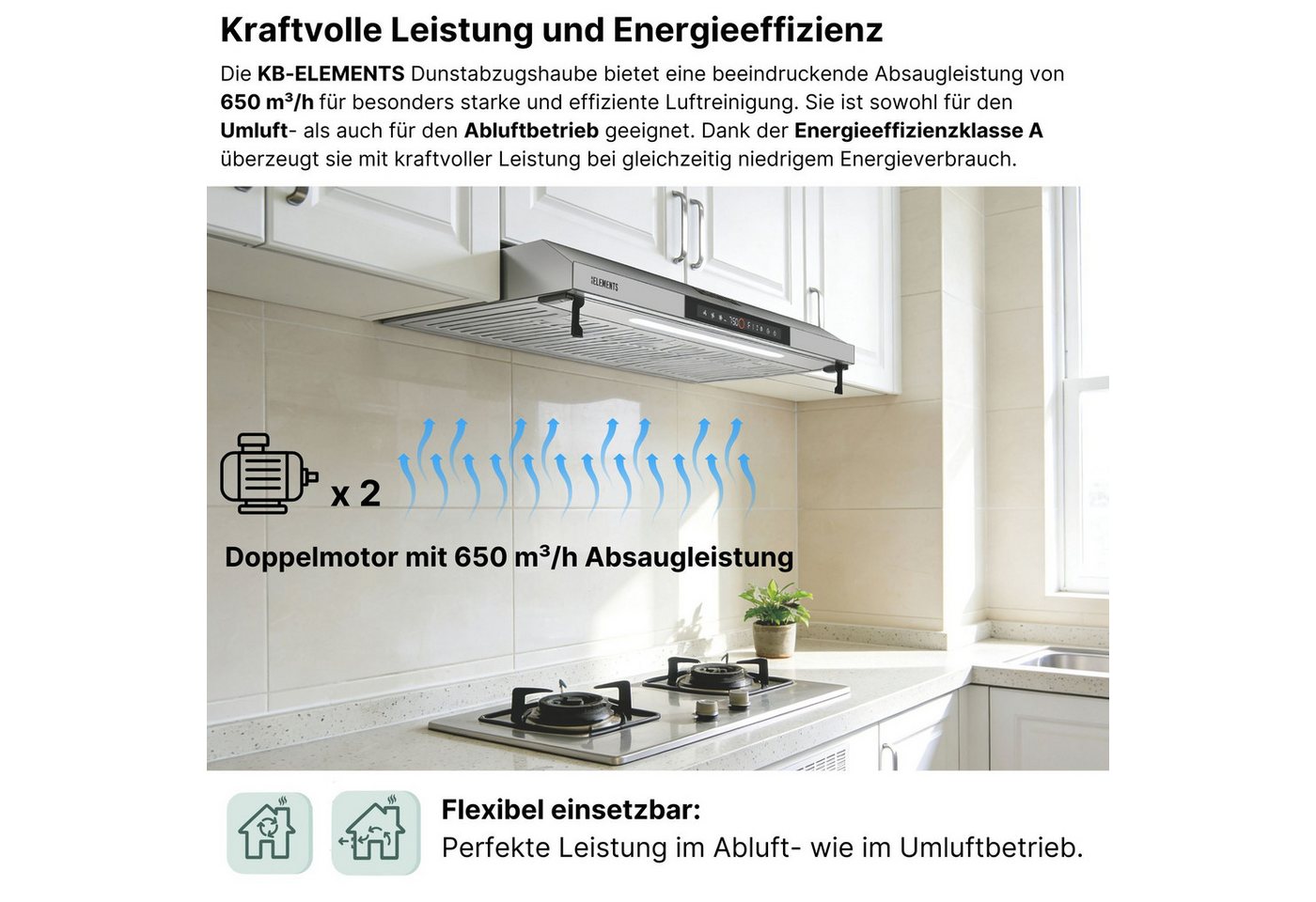 KB Elements Unterbauhaube Doppelter motor 2 x 80 Watt, 650 m³/h Absaugleistung Doppelter motor, Touch / Gestensteuerung – Bild 2 von 5