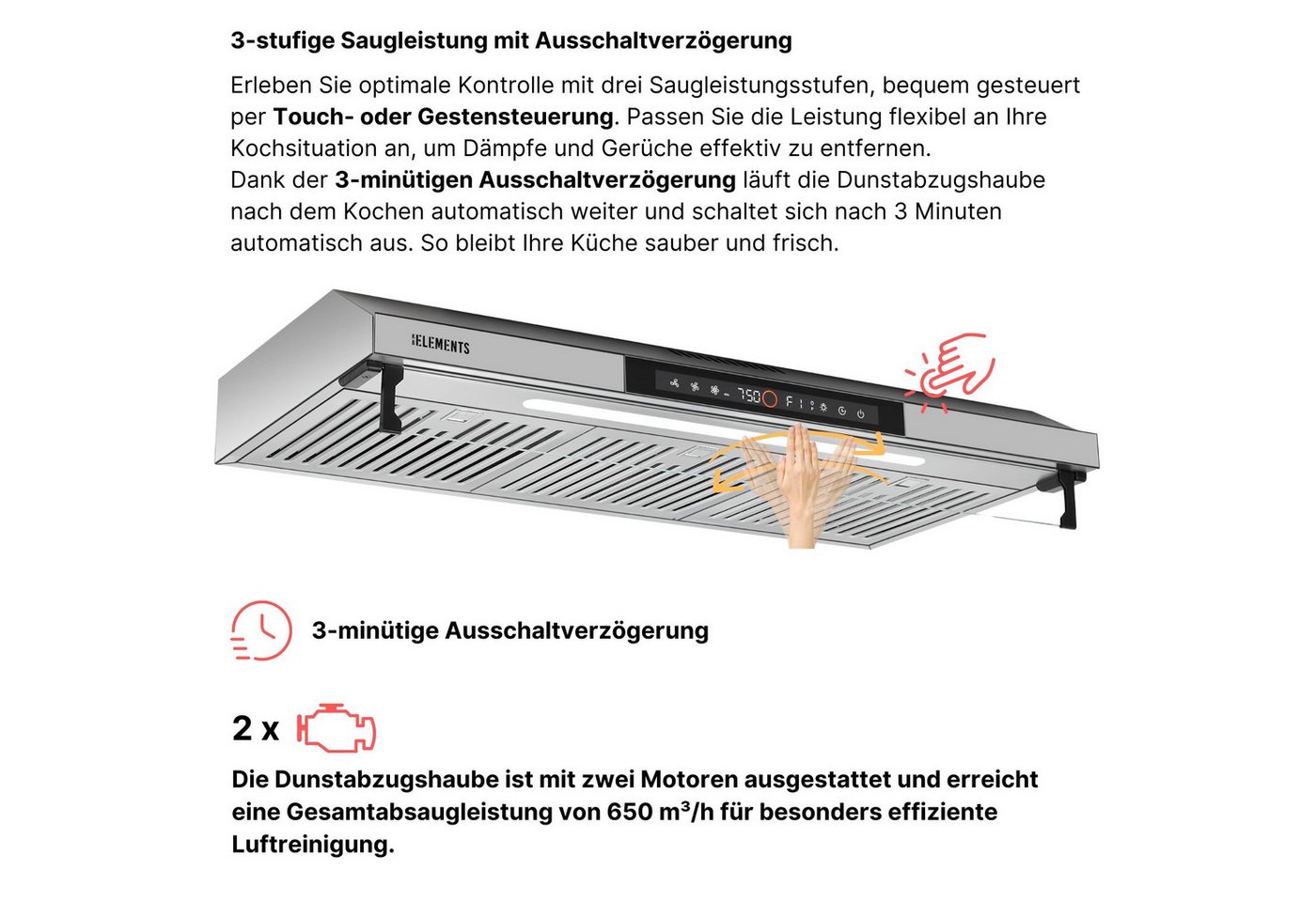 KB Elements Unterbauhaube Doppelter motor 2 x 80 Watt, 650 m³/h Absaugleistung Doppelter motor, Touch / Gestensteuerung – Bild 5 von 5