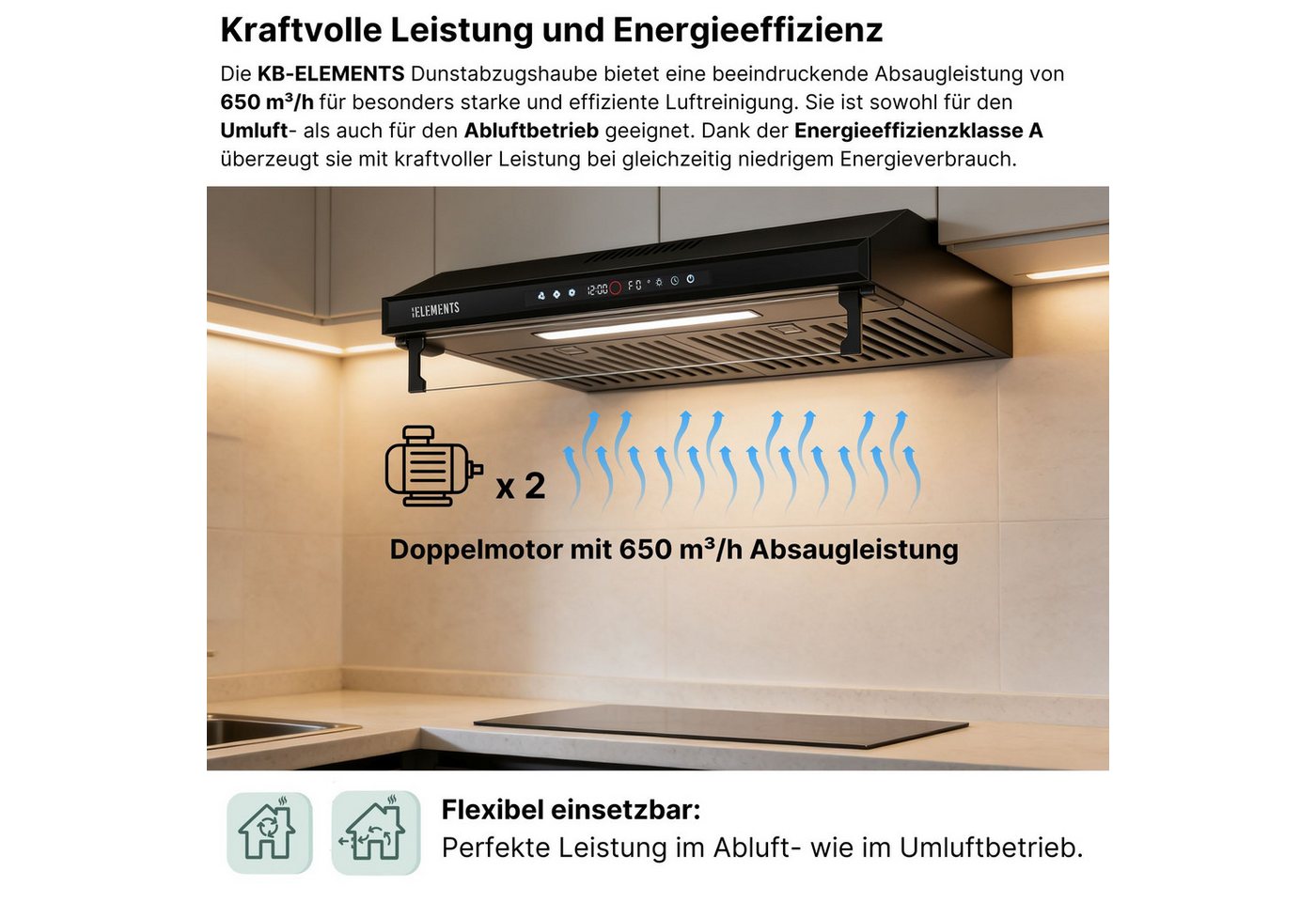 KB Elements Unterbauhaube Doppelter motor 2 x 80 Watt, 650 m³/h Absaugleistung Doppelter motor, Touch / Gestensteuerung – Bild 2 von 5
